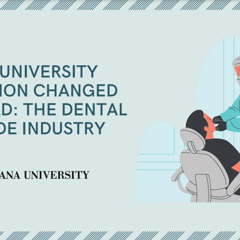 The image is a promotional graphic from FirstIgnite. It features the title "When University Innovation Changed the World: The Dental Fluoride Industry" along with the Indiana University logo and name. There is also an illustration of a dentist visit on the right side. The FirstIgnite logo is positioned at the top right corner.