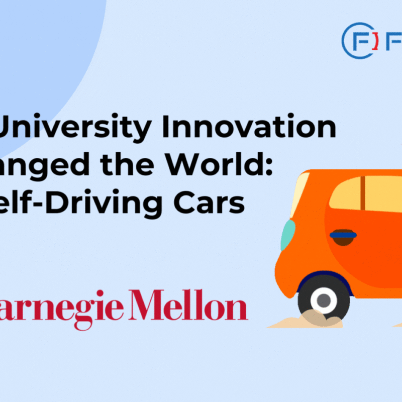 The image is a promotional graphic from FirstIgnite. It features the title "When University Innovation Changed the World: Self-Driving Cars" along with the Carnegie Mellon University logo and name. There is also an illustration of a car on the right side. The FirstIgnite logo is positioned at the top right corner.