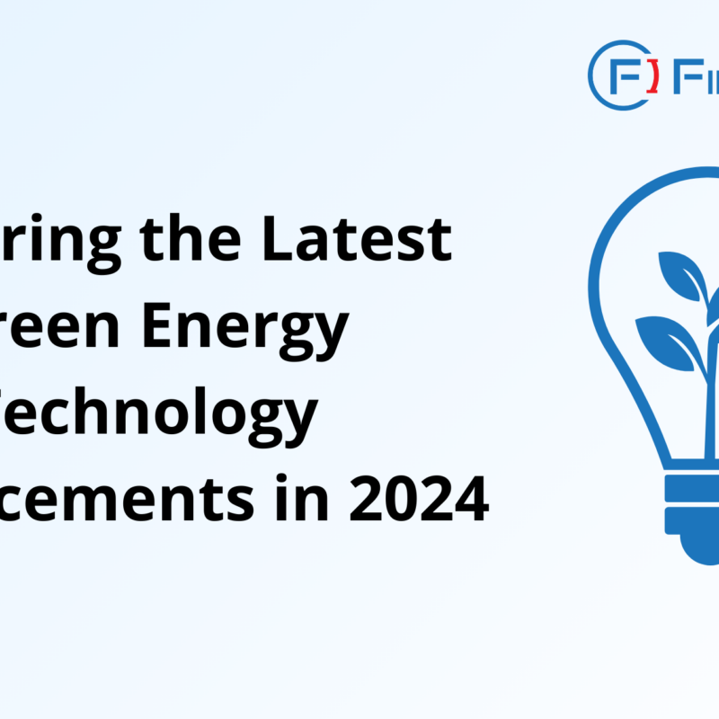 The image is a promotional graphic from FirstIgnite. It features the title "Exploring the Latest Green Energy Technology Advancements in 2024" in bold black text. On the right side, there's a blue lightbulb icon with a plant growing inside it, symbolizing sustainable energy. The FirstIgnite logo is positioned at the top right corner.